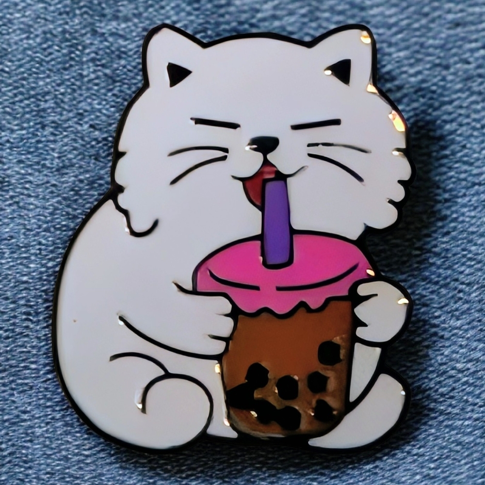 Cute Cat with Bubble Tea Enamel Pin - White and Pink